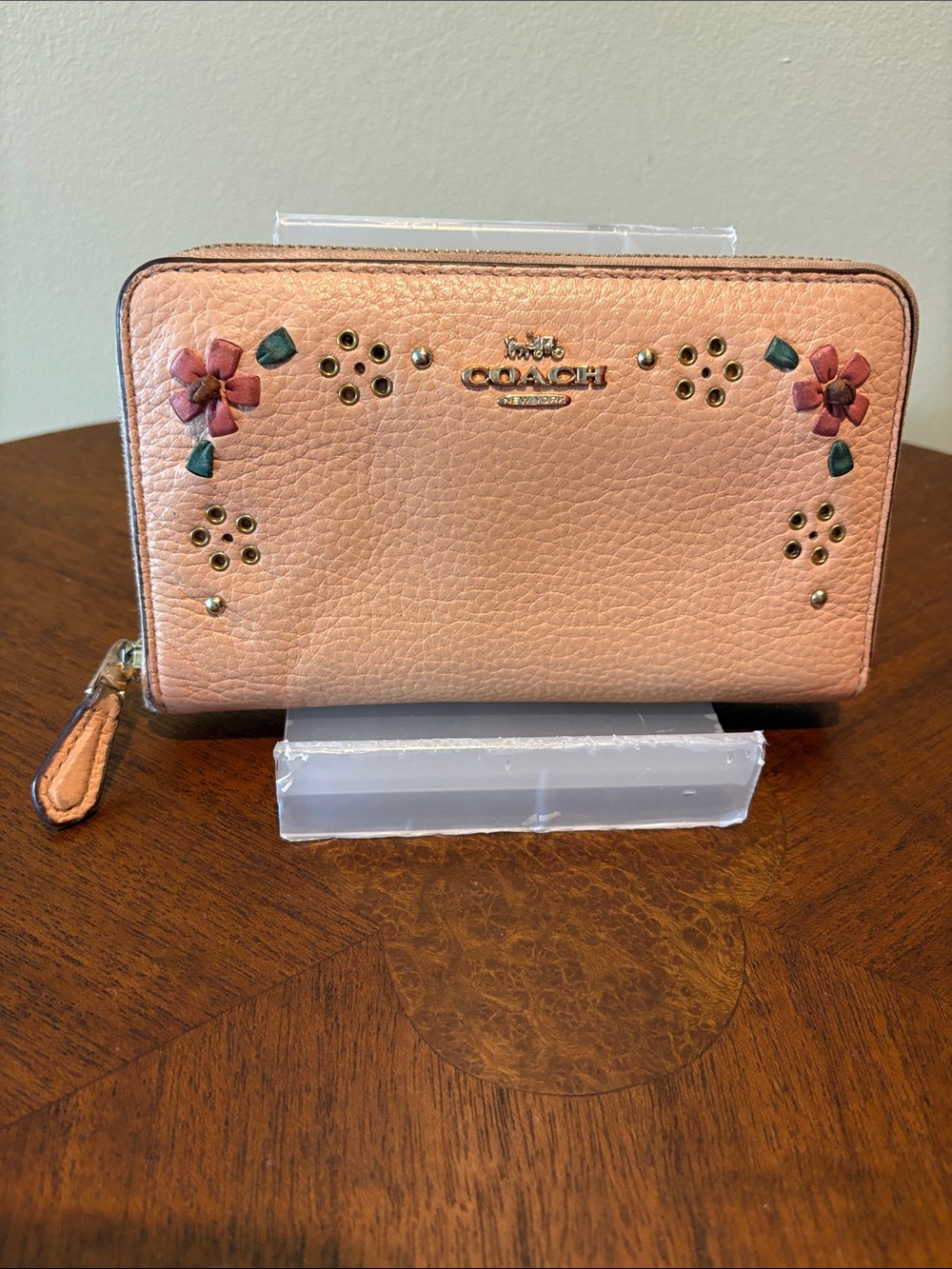 COACH  Zip Wallet pebble Leather Peach   leather Floral Accents/ rivets & studs